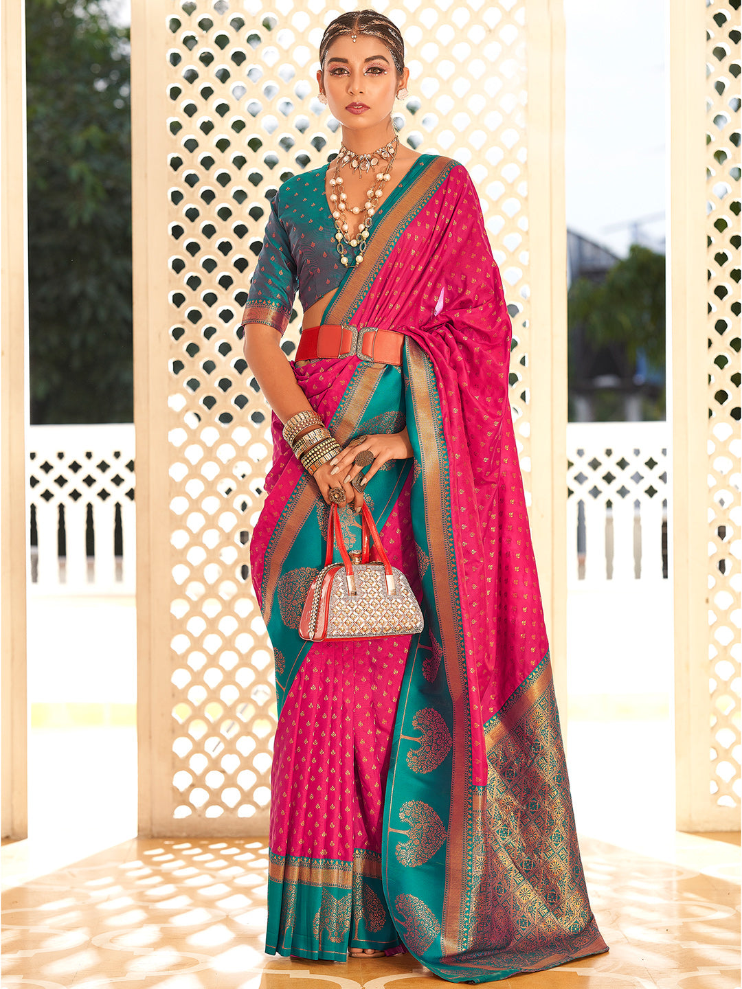 Bright Pink Soft Banarasi Paithani with Copper Zari Weaving Saree