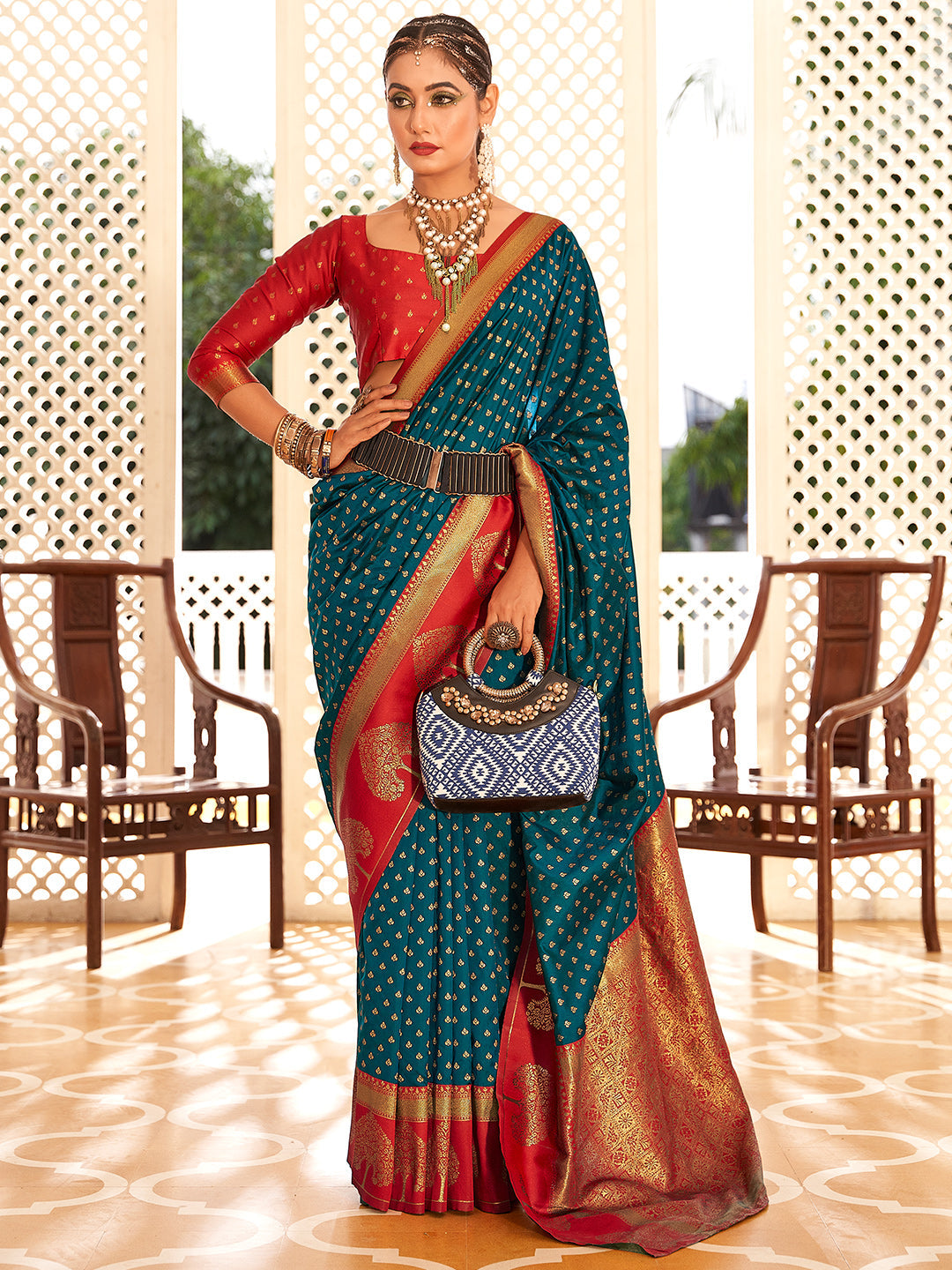 Dark Blue Soft Banarasi Paithani with Copper Zari Weaving Saree