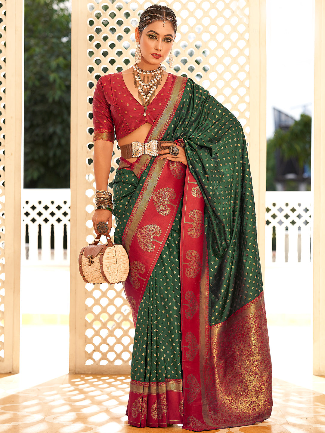 Forest Green Soft Banarasi Paithani with Copper Zari Weaving Saree