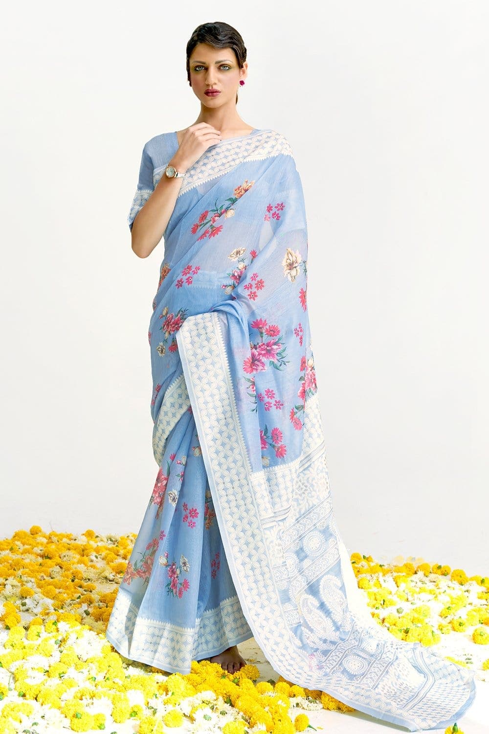 Light Sky Blue Chikankari Saree