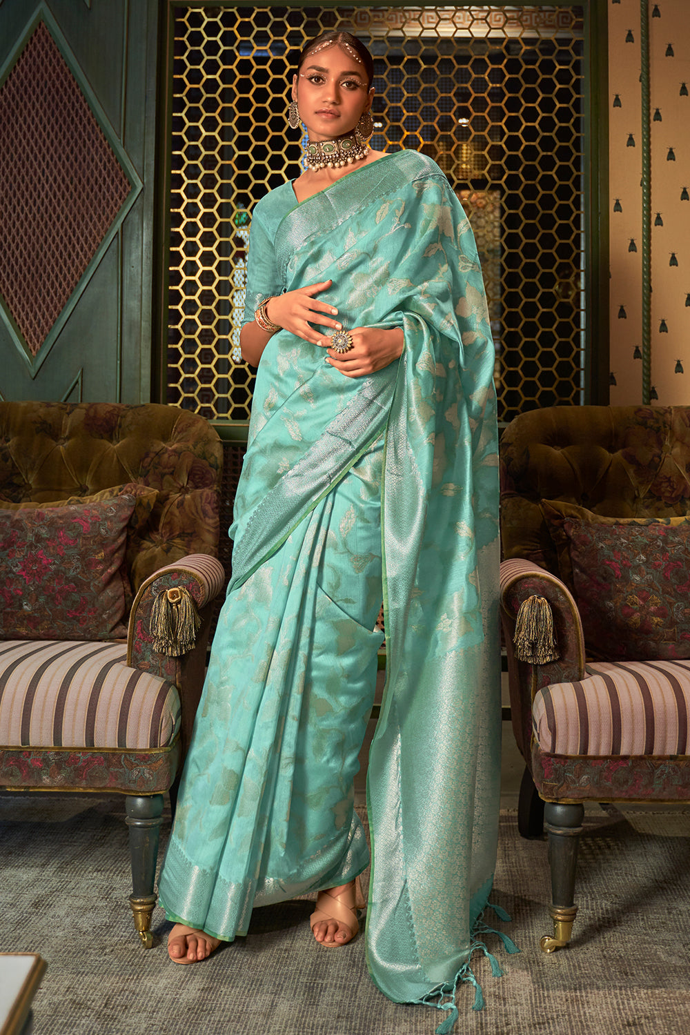 Turquoise Blue Kanjivaram Saree