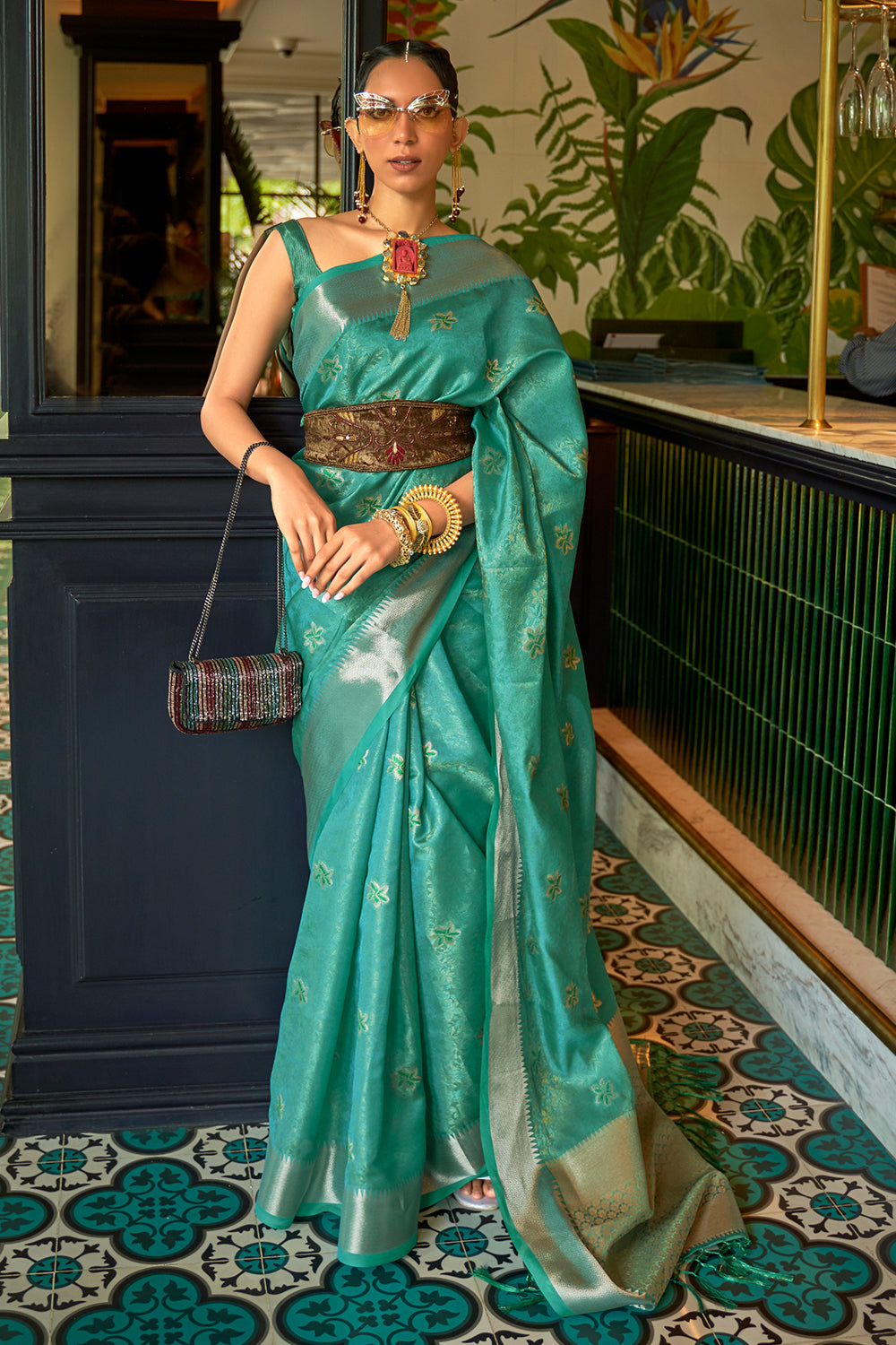 Teal Blue Organza Saree