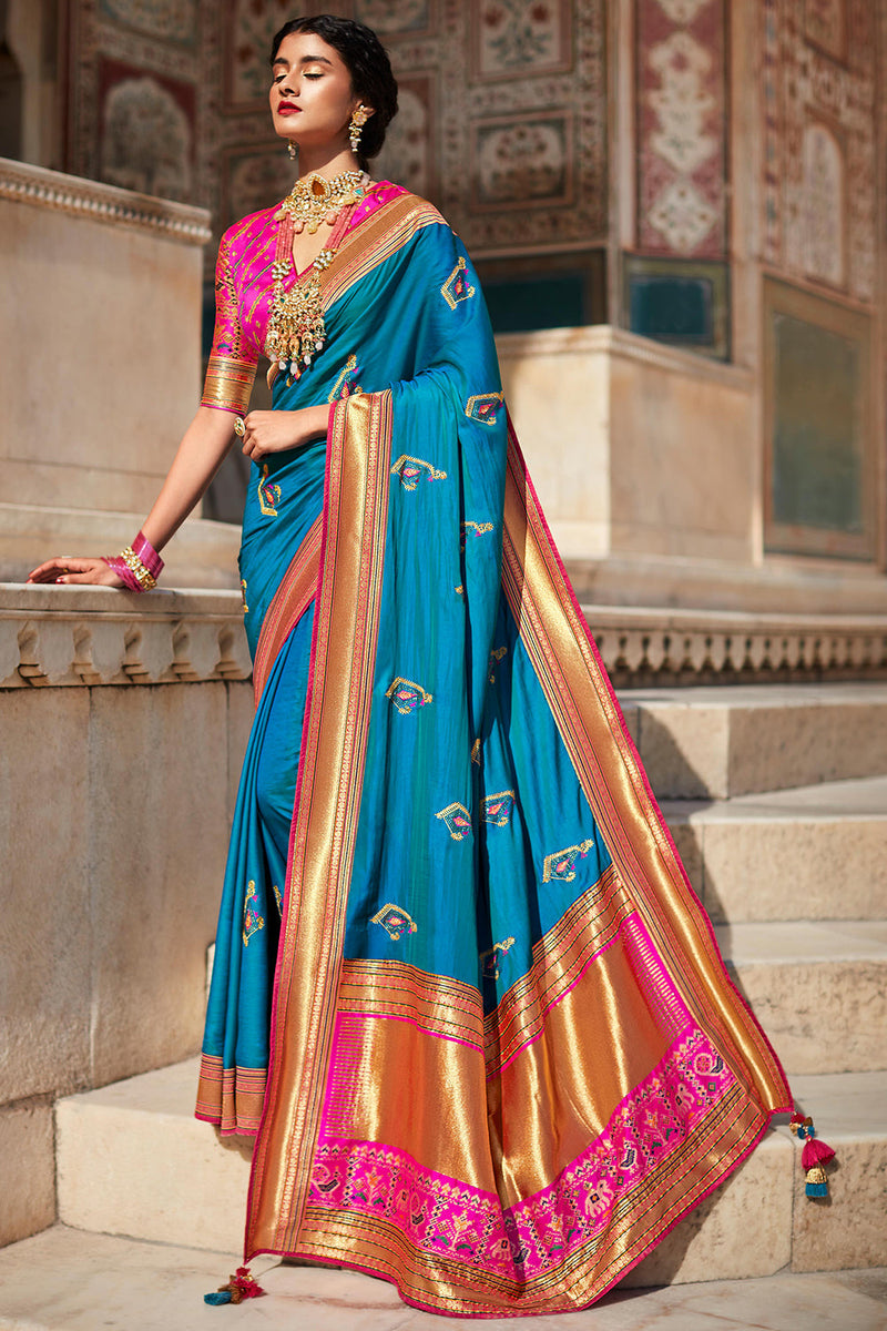 Light Blue Paithani Silk Saree With Navy Blue Border