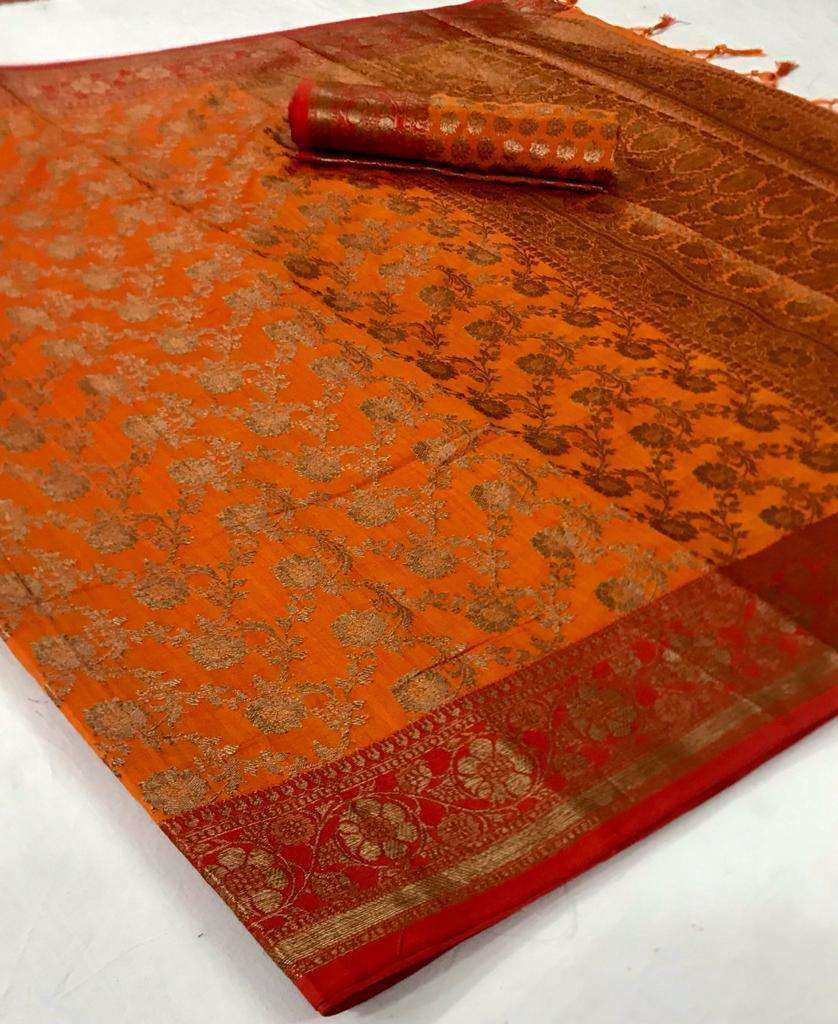 Pinata Orange Zari Woven South Silk Saree