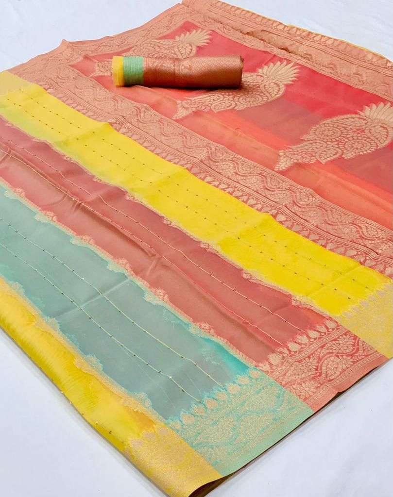 Pastel Blue And Pink Multicolour Organza Saree