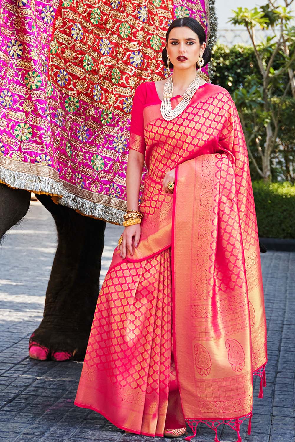 Ruby Pink Woven Kanjivaram Saree