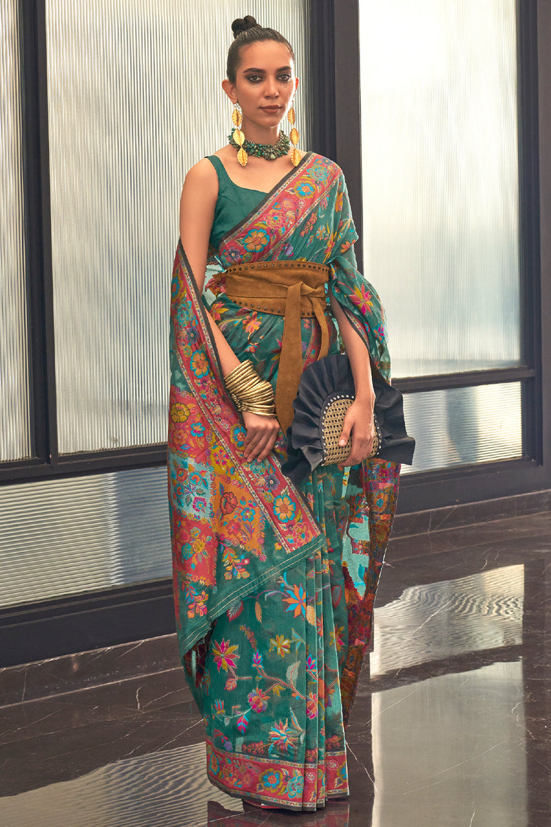 Greasy Green Pashmina Saree