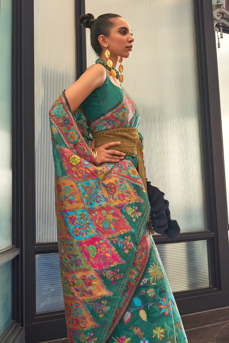 Greasy Green Pashmina Saree