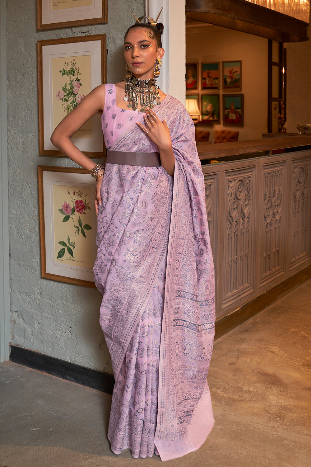 Lavender Pink Kashmiri Cotton Saree