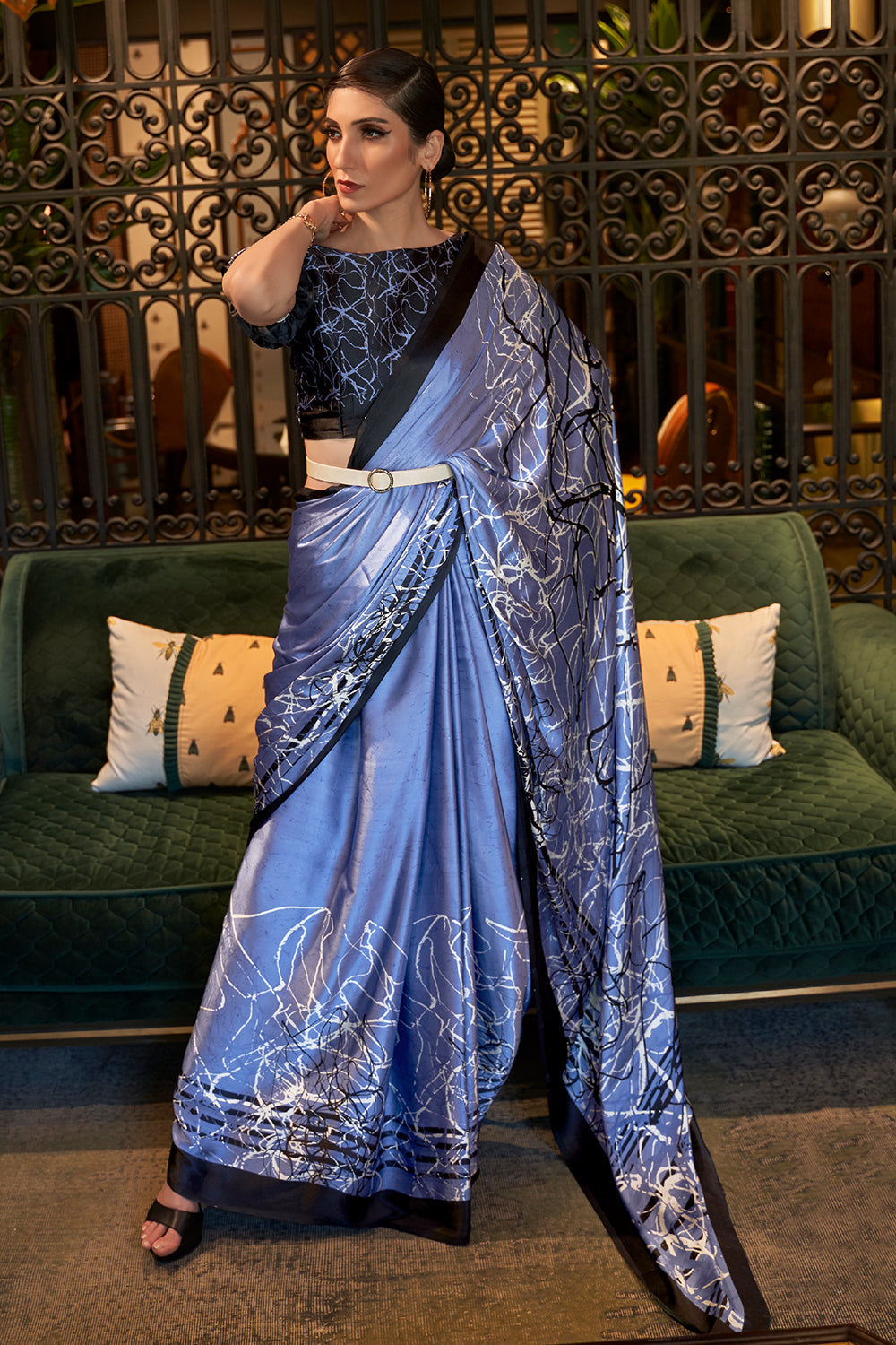 Space Blue Satin Silk Saree