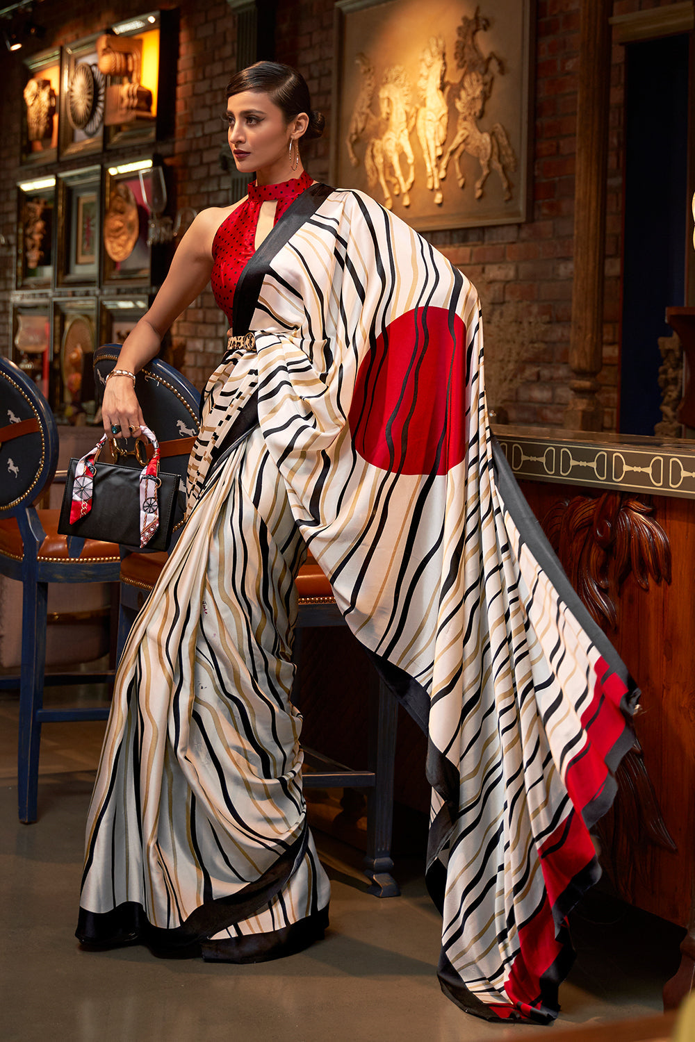 Red And Off White Satin Silk Saree