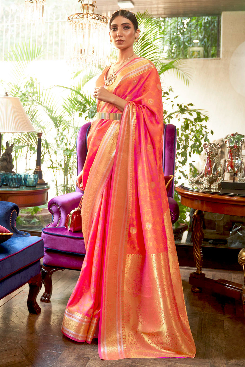 Coral Pink Kanjivaram Saree