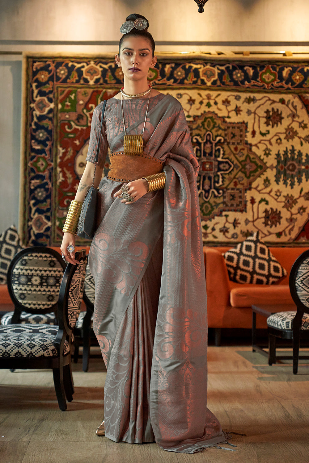 Shadow Grey Kanjivaram Silk saree