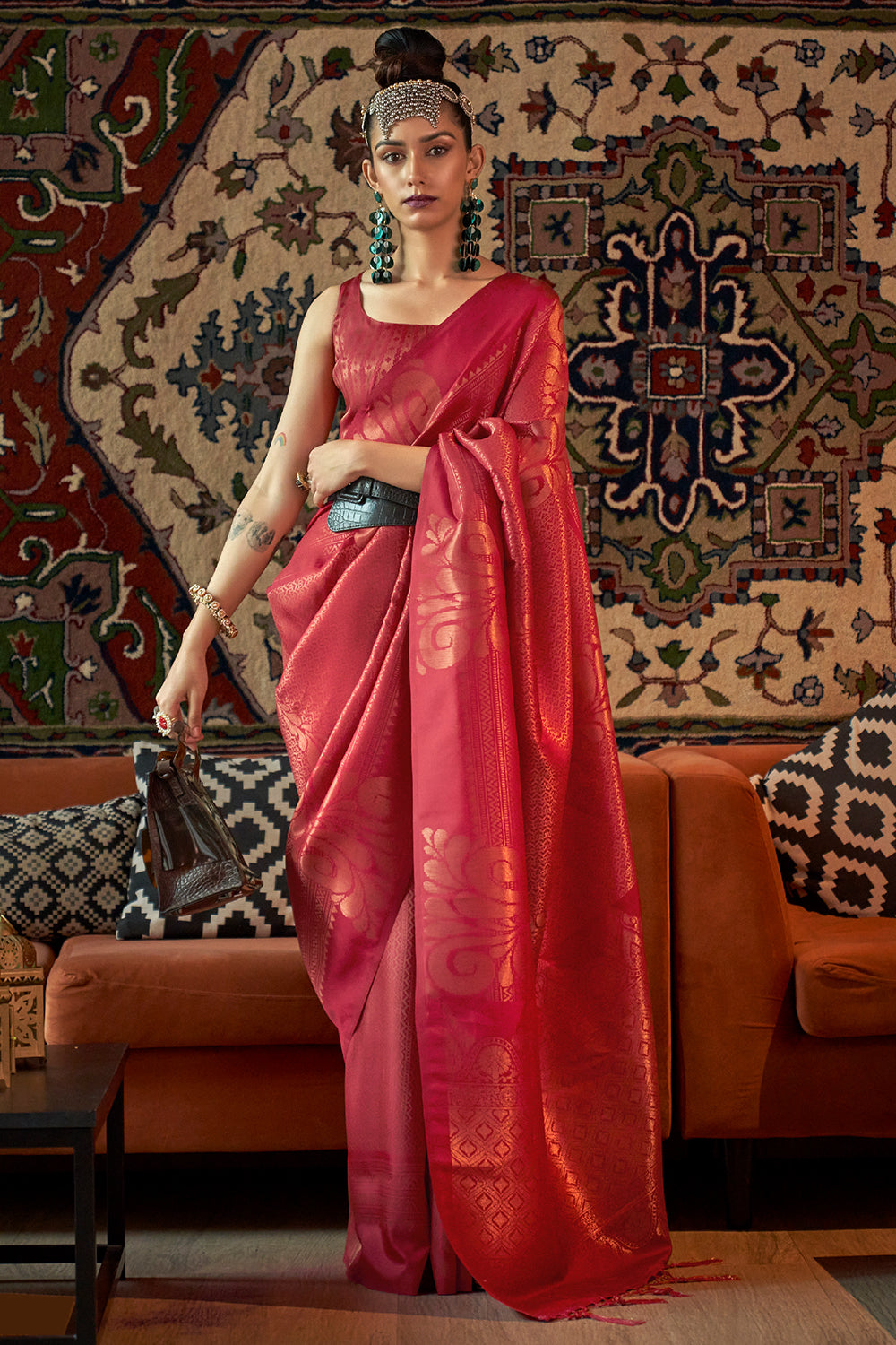 Carmine Red Kanjivaram Silk saree