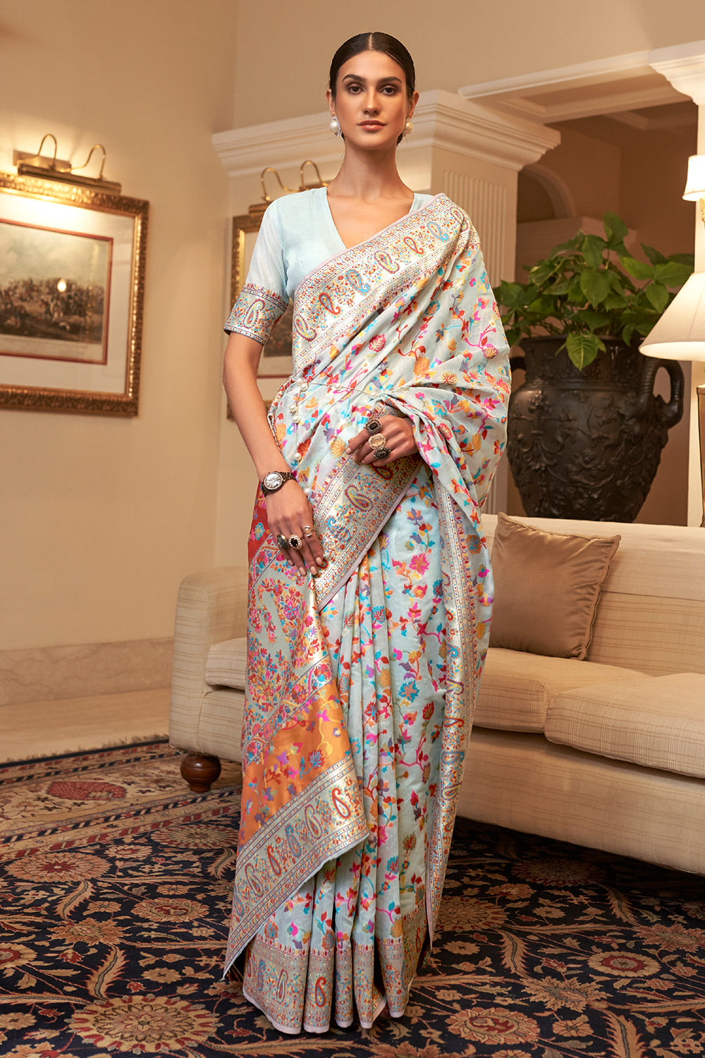 Columbia Blue Pashmina Saree