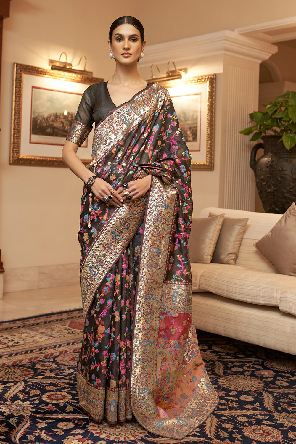 Midnight Black Pashmina Saree