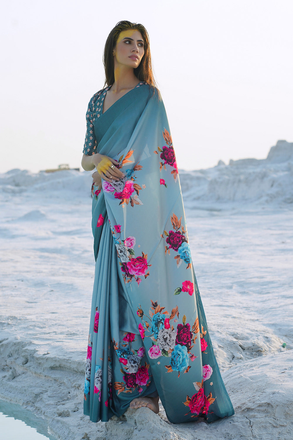 Steel Blue Satin Silk Saree