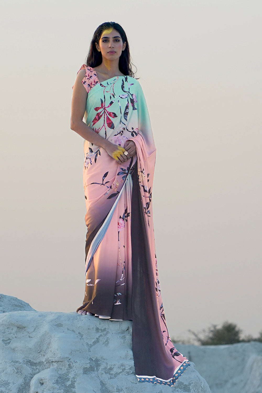 Light Pink And Blue Satin Silk Saree