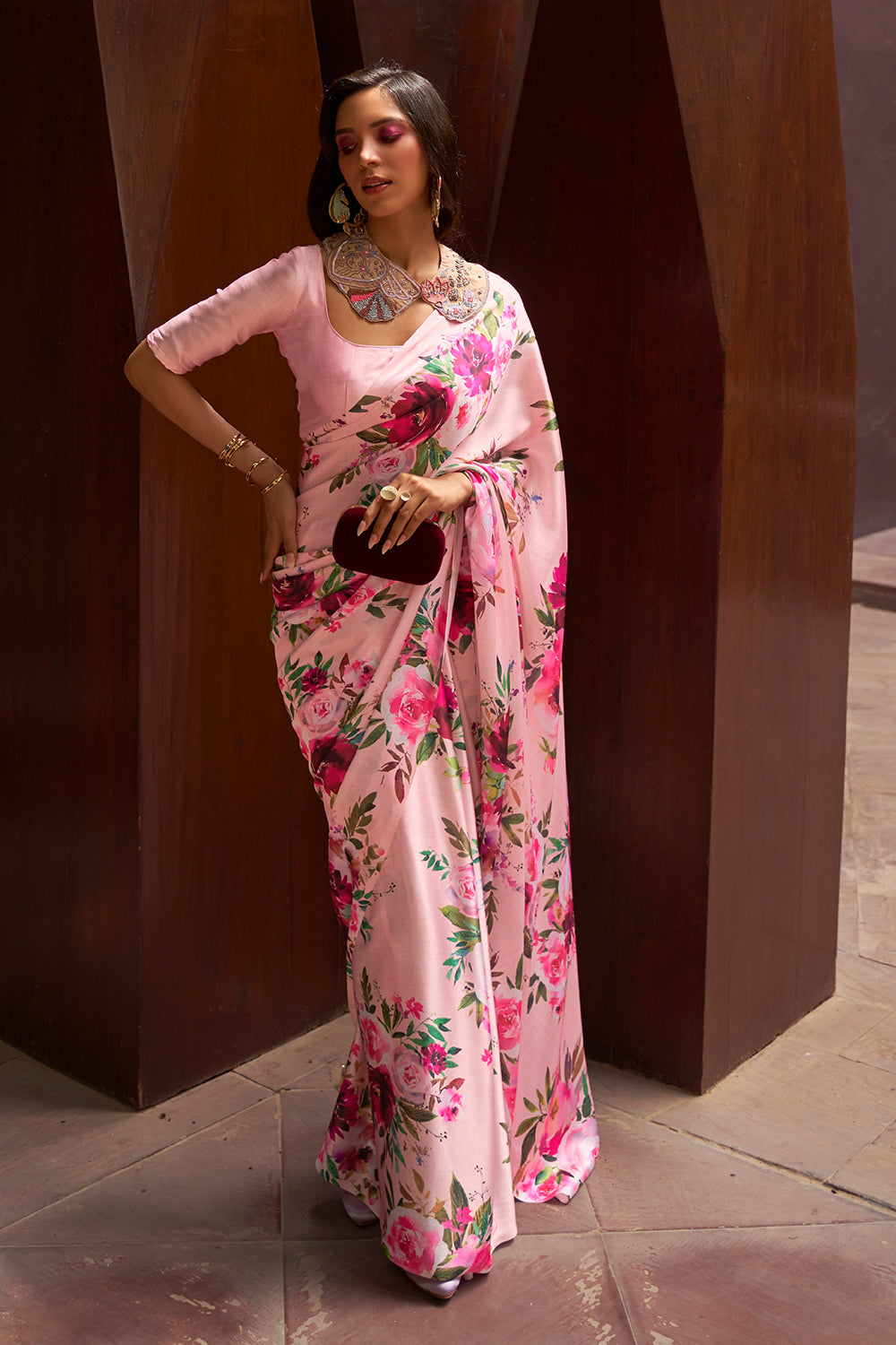 Carnation Pink Digital Print Saree