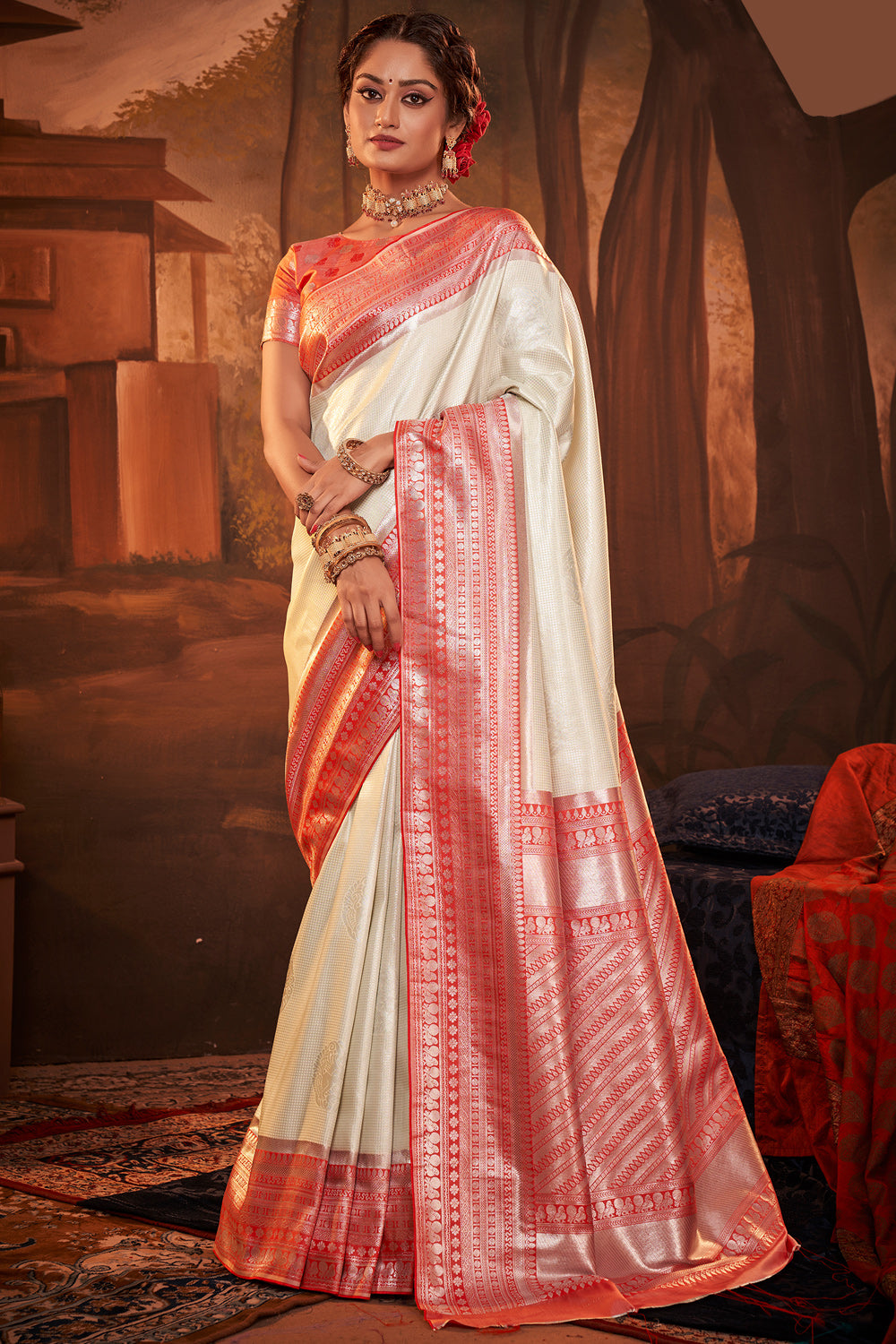 White And Red Combination Silk Saree – I4U Clothing