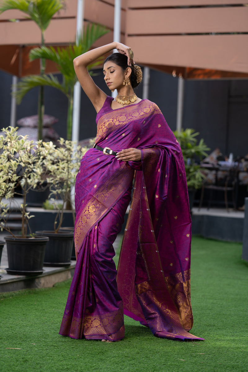 Buy Purple Jacquard Kanjeevaram Silk Festive Saree With Blouse From Ethnic  Plus