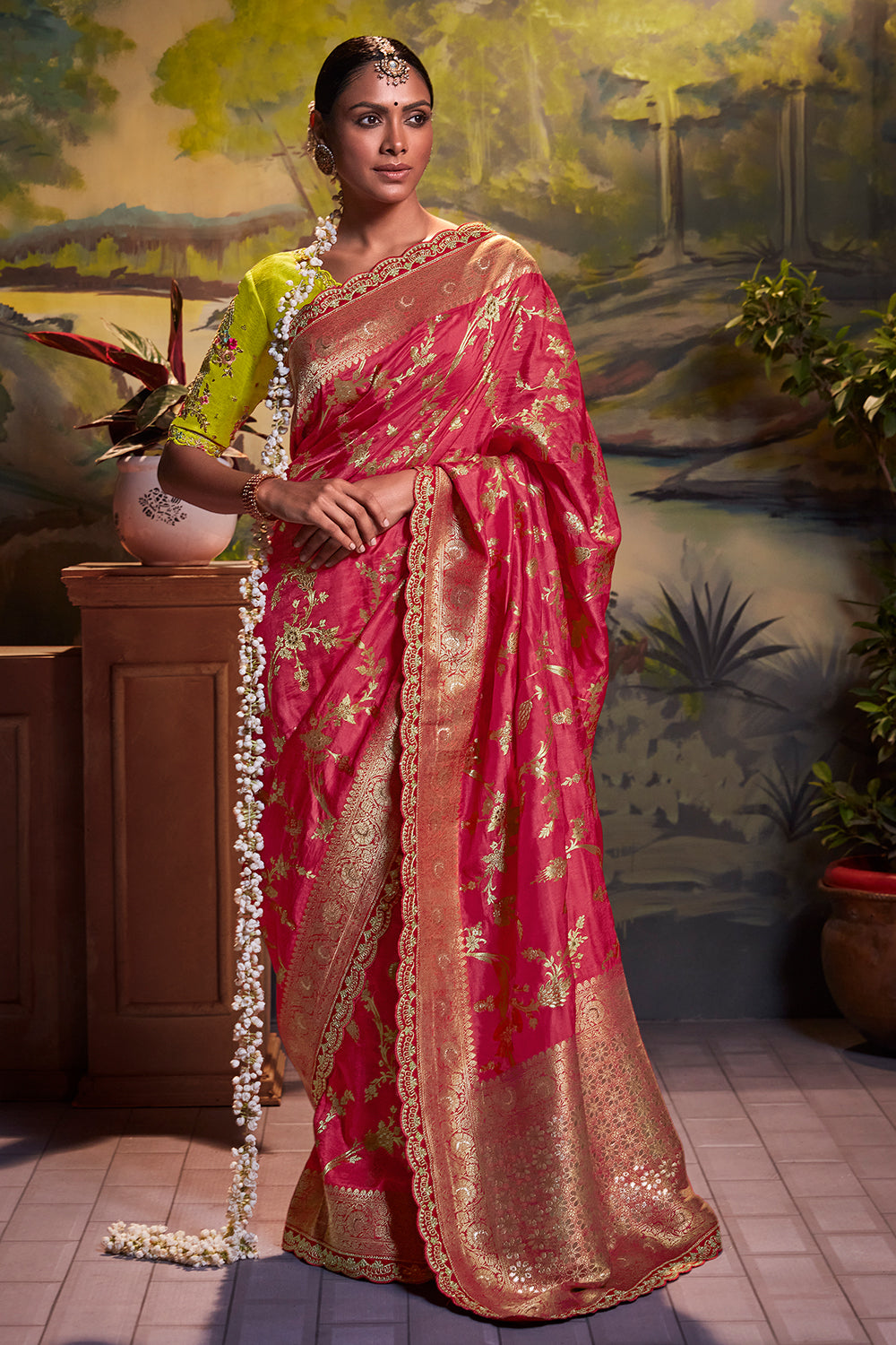 Hot pink paithani silk saree features peacock buttas, contrast  double-muniya border & intricate pallu of peacocks