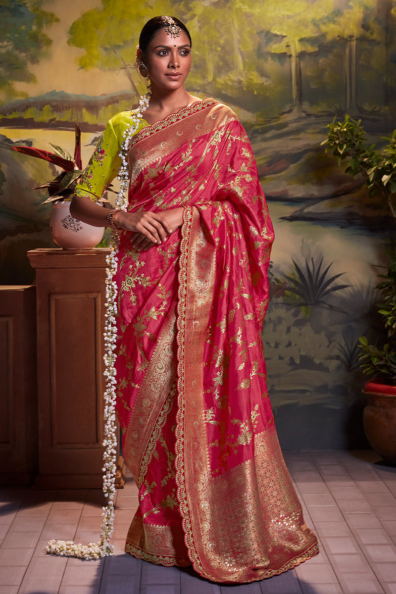 Buy SILK SAREE HUB Woven Kanjivaram Jacquard, Pure Silk Gold, Pink Sarees  Online @ Best Price In India | Flipkart.com