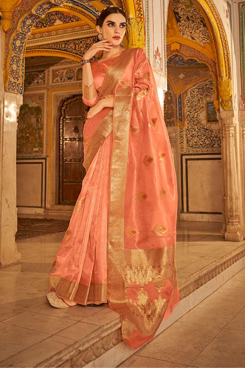 Coral Pink Banarasi Silk Saree