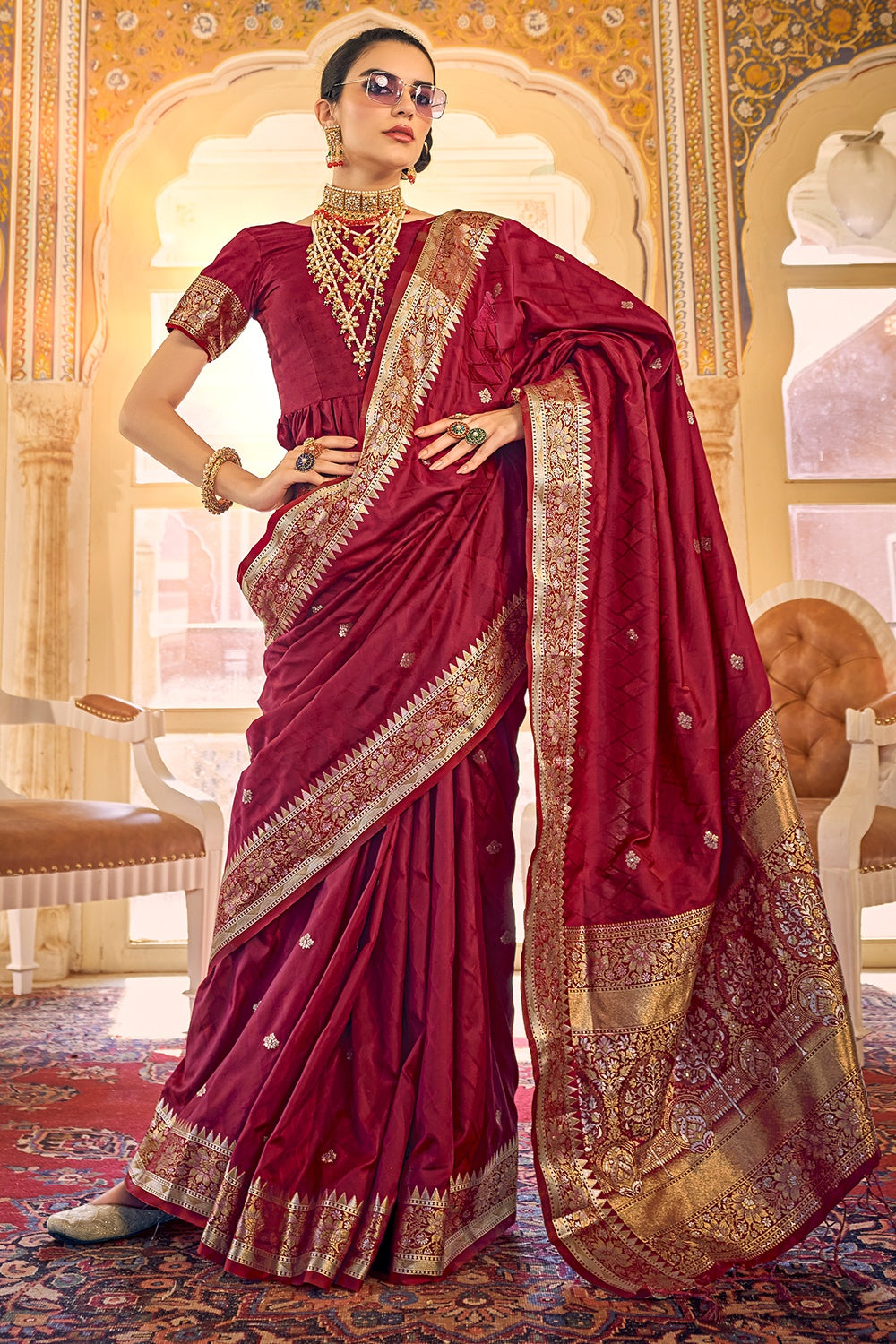 Burgundy Red Satin Silk Saree