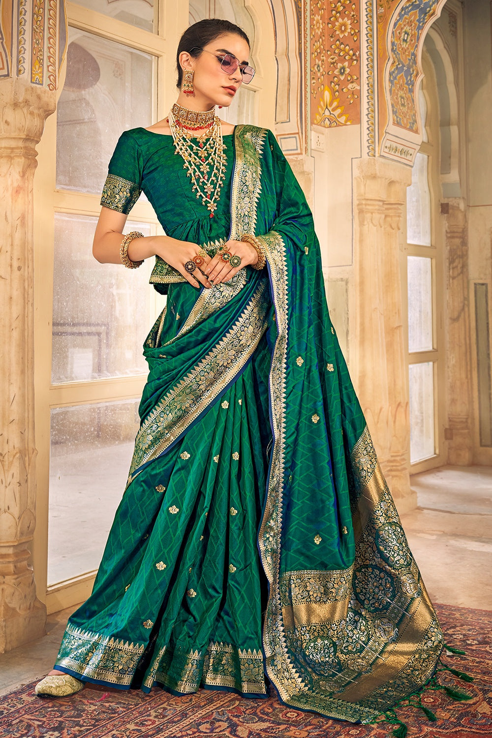 Pine Green Satin Silk Saree