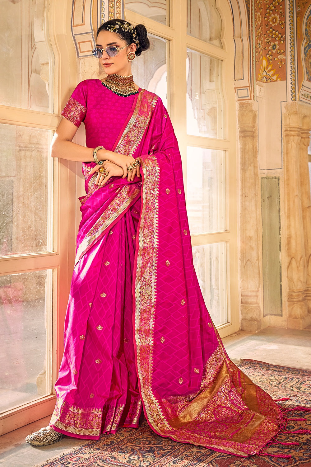 Bright Pink Satin Silk Saree