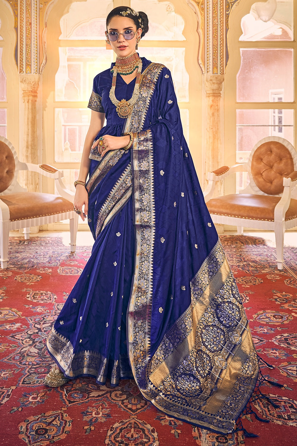 Indigo Blue Satin Silk Saree