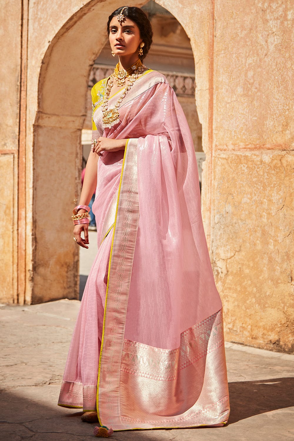 Buy Graceful Baby Pink and Yellow Pure Soft Silk Saree with Contrasting  Blouse Piece Online – Glamatyou Fashion